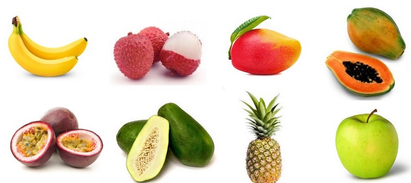 Fotografías de ocho frutas tropicales distribuidas en dos filas